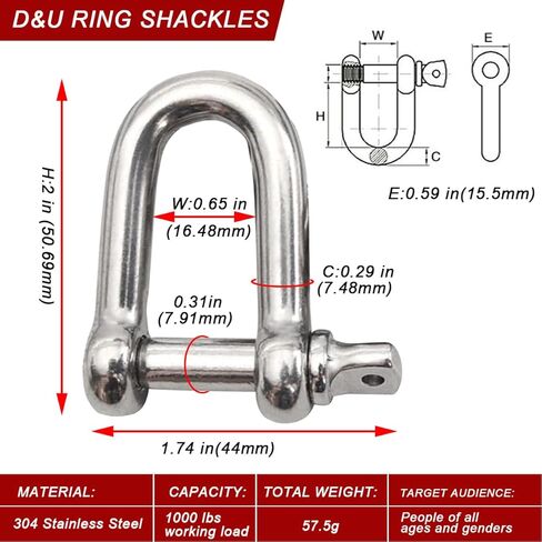 2 Pack 5/16 Inch 304 Stainless Steel Marine Grade Clevis Shackle, Anchor Shackle for Rigging, Traction Steel Wire, Chains Wirerope Lifting - Working Load Limit 1000 lbs (U) in Saudi Arabia