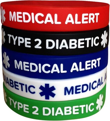 Type 2 Diabetes Medical Alert Silicone Bracelets – 5 Pack Adult Diabetic Wristbands for Men & Women, 7.8" in Kuwait