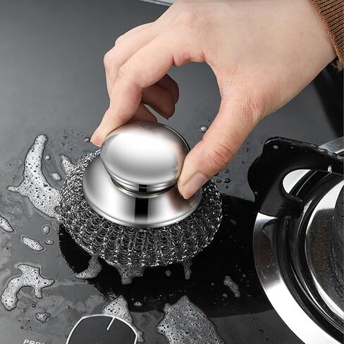 2 Pack Stainless Steel Scrubber Brush with Handle, Heavy Duty Rustproof Steel Wool Pot Scrubbers for Dishes, Pans, Grills, Sinks, Non-Slip Cleaning Tool for Home & Kitchen in Saudi Arabia