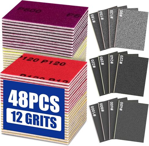 مجموعة إسفنجة سنفرة مكونة من 48 قطعة، وسادات إسفنجية سنفرة ناعمة 80-1000 حبيبة، مجموعة متنوعة من ورق الصنفرة القابل للغسل للخشب والجدران الجافة والمعادن والسيارات وورق الصنفرة الجاف الرطب لتنعيم متعدد الاستخدامات. in Kuwait