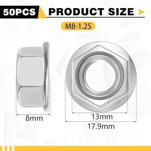 50 Pieces M8 Flange Nuts, M8-1.25mm Hexagon Flange Nuts, 304 Stainless Steel, Metric Lock Fasteners, Heavy Duty Replacement for DIY Project Home Mechanism in Kuwait