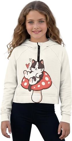 Girls Hoodies Half Zipper Pullover Graphic Sweatshirt for Kids Cute Clothes Teens Crop Tops with Pockets 5-14 in Saudi Arabia