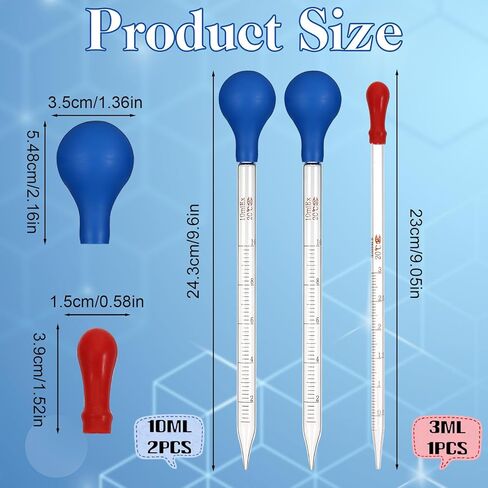 3 Pcs Glass Pipettes Dropper, 10ml & 3ml Graduated Liquid Dropper with Rubber Bulb for Laboratory, Medicine, Research (Blue & Red) in Kuwait