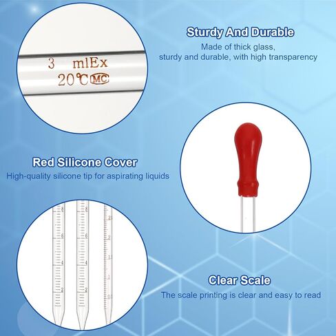 3 Pcs Glass Pipettes Dropper, 10ml & 3ml Graduated Liquid Dropper with Rubber Bulb for Laboratory, Medicine, Research (Blue & Red) in Kuwait