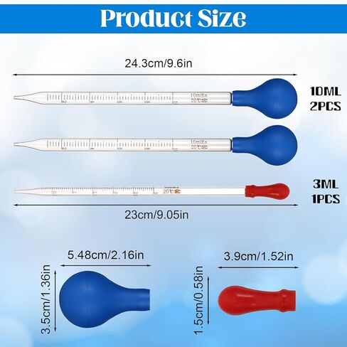 3Pcs Glass Pipettes Dropper, 10ml Graduated Liquid Dropper with Rubber Bulb for Laboratory, Medicine, School, Food, Research in Saudi Arabia