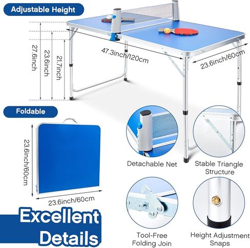 Pinkunn Table Tennis Table Portable Foldable Tables Tennis Game Set with 2 Tabled Tennises Paddles 10 Tabled Tennises Ball and 1 Net Height Adjustable Compact Storage Fit in Most Closet(4 x 2 ft) in Saudi Arabia