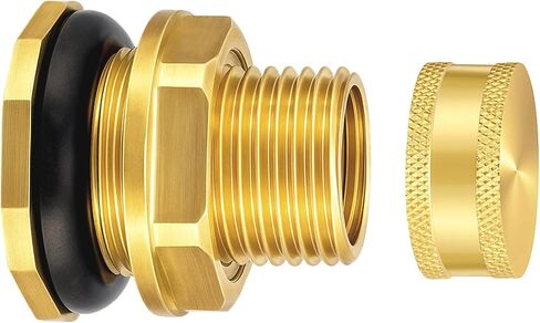 2 Pack Brass Bulkhead Fitting with Plug Double-Threaded 1/2 NPT to 3/4 GHT Tank Adapter for Water Tanks, Rain Barrels, Garden Hoses Corrosion Resistant, Easy to Install in Kuwait