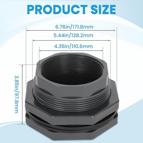 MARGAR 4“ Bulkhead Fitting for Tank, Industrial UPVC Water Tank Connector Adapter Fitting for Rain Barrels，Ponds，Pools，Aquariums in Kuwait