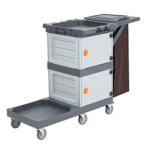 Commercial Janitorial Cart with 2 Cabinet, Traditional Janitorial 3-Shelf Cleaning Cart On Wheels, Plastic Housekeeping Cart with 30 Gallon Bag, 200 Lbs Load Capacity in Saudi Arabia