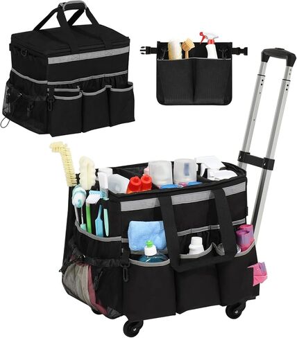 Rolling Cleaning Caddy, Cleaning Supplies Organizer with Cleaning Caddy Apron, Large Cleaning Caddy Bag with Detachable Trolley, Handles and Shoulder Strap for Cleaners Housekeepers, Black in Kuwait