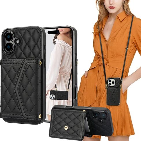 Crossbody Wallet Case لـ iPhone 16 Pro 6.3 بوصة ، مع حامل البطاقة ، الجلد البولي للبطاقات ، حجب RFID مع غطاء ورق الحبل الكتف ل 16 Pro 16Pro 6.3 "نساء ، أسود in Saudi Arabia
