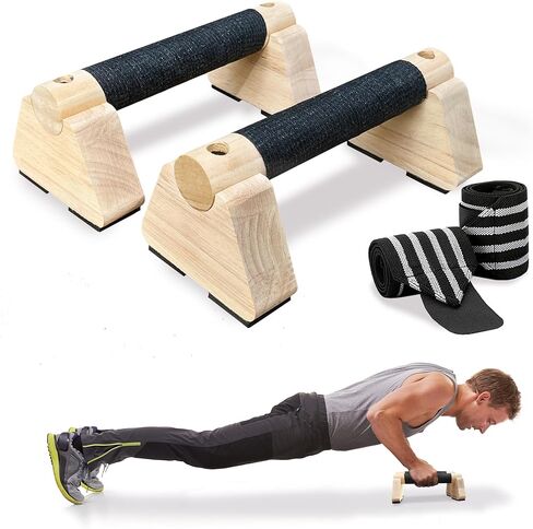Parallettes Bars, Wooden Push Up Bars with Wrist Wraps for Men & Women, Handstand Training Bars for Home Gym, Non-Slip Calisthenics Equipment, 440lbs Durable Floor Push Up Handles in Saudi Arabia