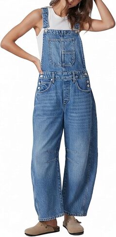 Ladyful Women's Denim Overall Casual Straight Wide Leg Bib Jeans Overall Adjustable Straps Denim Romper Stretch Jumpsuits in Kuwait