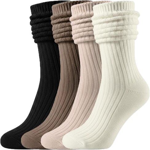 COZYOFFI 4 Pairs Women's Slouch Socks Aesthetic Knee High Scrunch Socks Long Neutral Cotton Knit Fall Socks in Kuwait