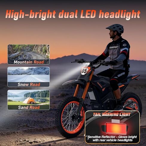 دراجة ترابية كهربائية للمراهقين والبالغين، دراجة نارية إلكترونية بقدرة 3000 واط، بطارية 36 ميلاً في الساعة 48 فولت 24 أمبير في الساعة، نطاق 50 ميلًا، فرامل قرصية هيدروليكية 3 سرعات ونظام تعليق كامل للدراجات الجبلية على الطرق الوعرة لجميع التضاريس in Kuwait