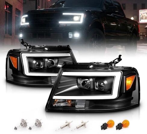 AmeriLite For 2004-2008 Ford F-150 Truck C-Type LED Tube Square Black Projector Headlights Assembly Pair - Driver and Passenger in Kuwait