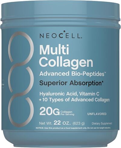 NeoCell Multi Collagen Bio-Peptides Powder | 22oz | Advanced with Hyaluronic Acid and Vitamin C | 10 Super Types of Collagen | Superior Absorption | Grassfed Protein Supplement | in Kuwait