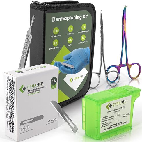 Dermaplaning Kit 5PC – 100 Replacement Blades 10R, Premium Blade Remover, Precision Scissors, Hemostats, No.3 Handle & Carrying Case – Professional Exfoliation Tools for Skincare Treatments in Kuwait