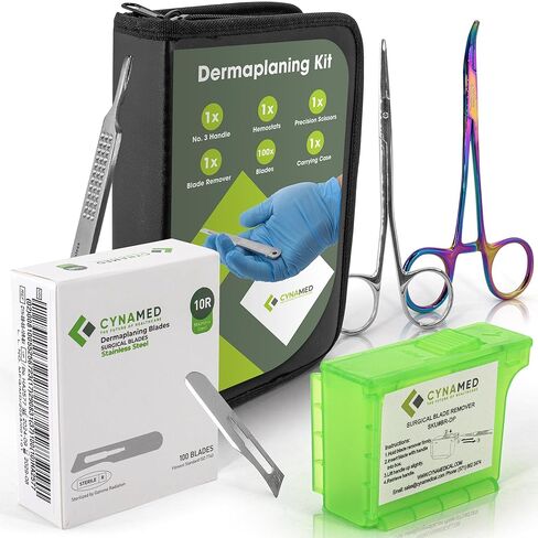 مجموعة Dermaplaning 5 قطع - 100 شفرة بديلة 10R، مزيل شفرات ممتاز، مقص دقيق، مرقئ، مقبض رقم 3 وحقيبة حمل - أدوات تقشير احترافية لعلاجات العناية بالبشرة in Kuwait