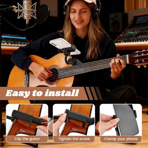 Guitar Phone Holder, 360° Adjustable Mount for Guitars, Ukuleles & Basses (6-10.5cm Thick), Hands-Free Sheet Music Stand for Video Recording, Live Streaming & Online Teaching in Saudi Arabia