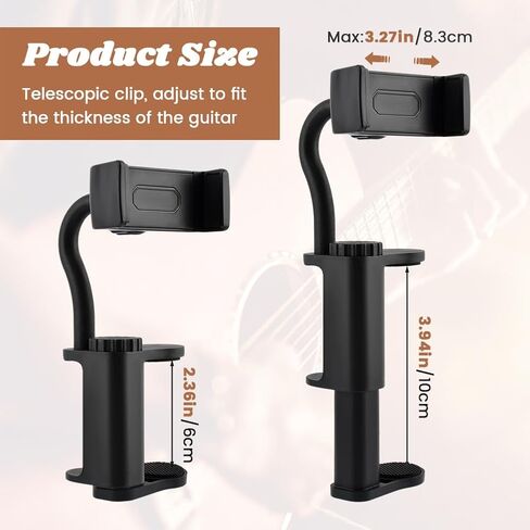 Guitar Phone Holder, 360° Adjustable Mount for Guitars, Ukuleles & Basses (6-10.5cm Thick), Hands-Free Sheet Music Stand for Video Recording, Live Streaming & Online Teaching in Kuwait