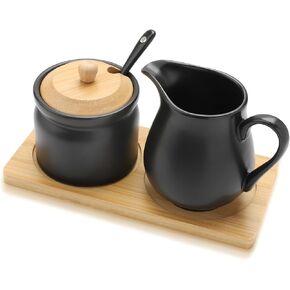 مجموعة السكر والكريمة من السيراميك، وعاء سكر أسود مع غطاء وملعقة، إبريق كريم مع صينية، مجموعة تقديم القهوة والشاي لمكتب المطبخ المنزلي (أسود) in Kuwait