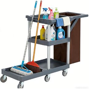 Professional 3-Shelf Janitorial Cleaning Cart on Wheels with Trash Bag & Cover, Heavy Duty Rolling Utility Cart for Hotels, Schools, Offices, Hospitals - Durable PP Material, 300 lbs Capacity in Kuwait