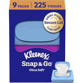 Kleenex Snap & Go Ultra Soft Facial Tissues, 9 On-the-Go Packs, 25 Tissues per Pack, 3-Ply, Packaging May Vary in Kuwait