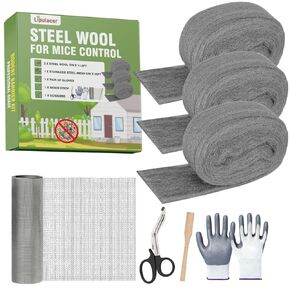 التحكم في الفئران من الصوف الفولاذي، 3 عبوات من الصوف الفولاذي 0000 و1 حزمة من شبكة الفولاذ المقاوم للصدأ مع قفازات ومقص وعصا خشبية، طقم حشو فجوة الماوس للمنزل والمرآب in Kuwait