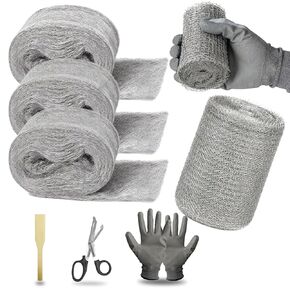 Steel Wool Mice Control - 3 Packs 2.75" x 12.5 FT 0000 Steel Wool & 1 Pack 5" x 19.6 FT Wire Mesh Kit with Wooden Stick, Gloves and Scissors, Rodent Mouse Hole Filler for House Garden Wall Gaps Pipe in Saudi Arabia