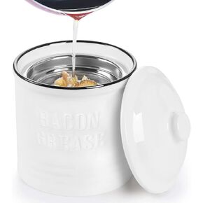 ONTUBE Ceramic Bacon Grease Container Keeper with Strainer,1L Frying Oil Storage Can for Kitchen, White in Kuwait