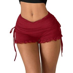 Women‘s Micro Shorts Lace Side Drawstring Ruched Ruffle Low Rise Stretchy Mini Shorts in Kuwait