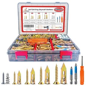 220PCS Self Drilling Drywall Anchors with Screws Kit,5-Sizes Metal Expansion Bolt for Dry Wall,110 PCS Sheetrock Anchors and 110 PCS Screws-No Drill Needed in Kuwait