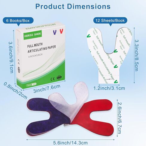 Articulating Paper Dental Carbon Paper 72 Sheets, 100 μm Thick Dental Bite Papers with Separating Film, Horseshoe Shape Doubled Side Occlusion Papers for Occlusal Adjustment, Blue/Red in Kuwait