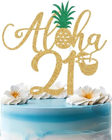 Gold Glitter Aloha 50 Cake Topper ، Hawaiian Happy 50th Cake Cake Decorations ، Summer Tropical Palm Leaves Flamingo Luau تحت عنوان 50 عيد ميلاد/ذكرى لحفلات الذكرى السنوية in Kuwait