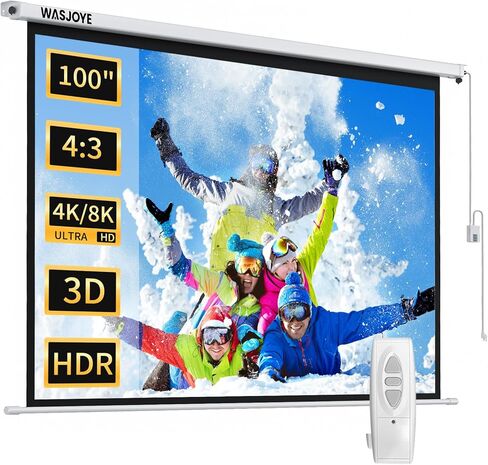 WASJOYE Motorized Projector Screen 100" - 16:9 Electric Projector Screen Wall/Ceiling Mount with Remote Control - 8K 3D Projection Screen Dual Side Power Supply for Home Theater Office TV Game School in Kuwait