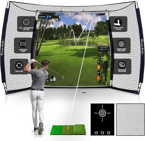 Golf Hitting Net with Impact Screen, Golf Cage, Golf Simulator Enclosure w/Hitting Mat, Target Cloth, Side Nets for Chipping Driving Equipment for Home Indoor Outdoor Backyard & Garage in Kuwait