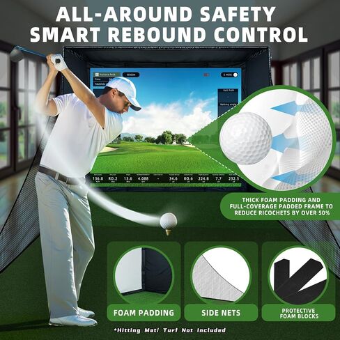 Golf Simulator Enclosure Kit with Premium HD Impact Screen, Full Safety Padding & Blackout Curtain, Home Golf Sim Setup Compatible with Launch Monitors, Indoor Cage Net Golfing Accessories in Saudi Arabia