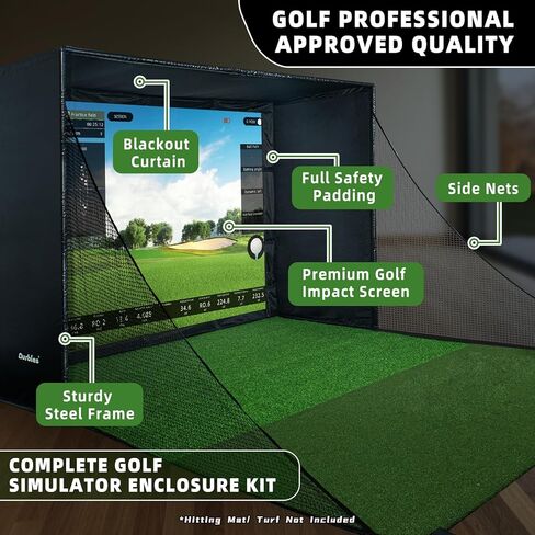 Golf Simulator Enclosure Kit with Premium HD Impact Screen, Full Safety Padding & Blackout Curtain, Home Golf Sim Setup Compatible with Launch Monitors, Indoor Cage Net Golfing Accessories in Saudi Arabia