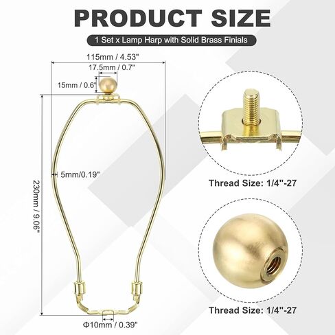 PATIKIL 9 Inch Lamp Harp Kit with 17.5mm Solid Brass Ball Finial, 1 Set Heavy Duty Bracket with Standard Saddle & Finial Detachable Shade Holder for Table Floor Lamps, Gold in Saudi Arabia