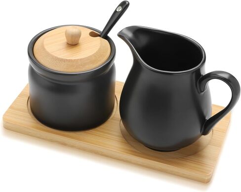 مجموعة السكر والكريمة من السيراميك، وعاء سكر أسود مع غطاء وملعقة، إبريق كريم مع صينية، مجموعة تقديم القهوة والشاي لمكتب المطبخ المنزلي (أسود) in Kuwait