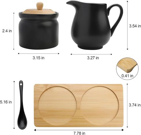 مجموعة السكر والكريمة من السيراميك، وعاء سكر أسود مع غطاء وملعقة، إبريق كريم مع صينية، مجموعة تقديم القهوة والشاي لمكتب المطبخ المنزلي (أسود) in Kuwait