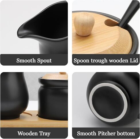 مجموعة السكر والكريمة من السيراميك، وعاء سكر أسود مع غطاء وملعقة، إبريق كريم مع صينية، مجموعة تقديم القهوة والشاي لمكتب المطبخ المنزلي (أسود) in Kuwait