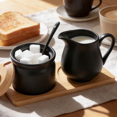 مجموعة السكر والكريمة من السيراميك، وعاء سكر أسود مع غطاء وملعقة، إبريق كريم مع صينية، مجموعة تقديم القهوة والشاي لمكتب المطبخ المنزلي (أسود) in Kuwait