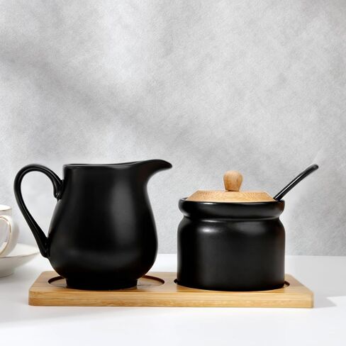 مجموعة السكر والكريمة من السيراميك، وعاء سكر أسود مع غطاء وملعقة، إبريق كريم مع صينية، مجموعة تقديم القهوة والشاي لمكتب المطبخ المنزلي (أسود) in Kuwait