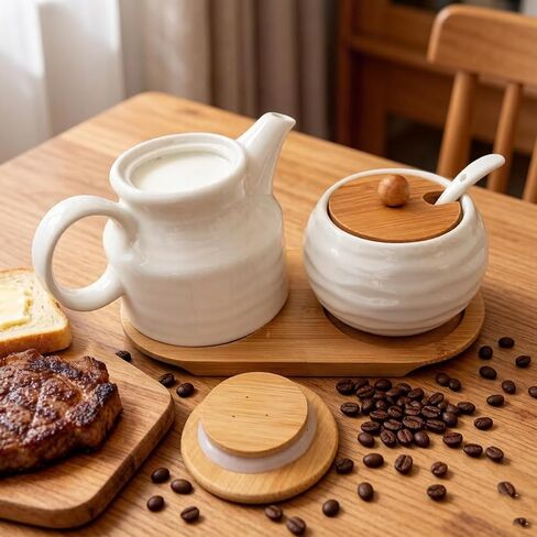 Ceramic Sugar and Creamer Container Set,12oz Cream Pitcher and 7.5oz Porcelain Sugar Bowl with Lid,Coffee Serving Set,Coffee Creamer and Sugar Set,Farmhouse Kitchen Home Cafe in Saudi Arabia