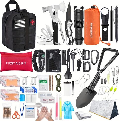 Survival Kit, 252Pcs Survival Gear First Aid Kit with Molle System Compatible Bag and Emergency Tent, Emergency Kit for Earthquake, Outdoor Adventure, Hiking, Hunting, Gifts for Men Women in Kuwait