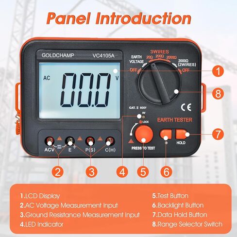 جهاز اختبار مقاومة الأرض الأرضية، عداد رقمي 20/200/2000 أوم مع قياس جهد التيار المتردد، شاشة LCD بإضاءة خلفية، حماية من حمل البيانات والحمل الزائد، جهاز اختبار السلامة للكهربائيين وأجهزة التدفئة والتهوية وتكييف الهواء والعمال in Kuwait