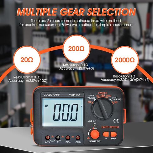 جهاز اختبار مقاومة الأرض الأرضية، عداد رقمي 20/200/2000 أوم مع قياس جهد التيار المتردد، شاشة LCD بإضاءة خلفية، حماية من حمل البيانات والحمل الزائد، جهاز اختبار السلامة للكهربائيين وأجهزة التدفئة والتهوية وتكييف الهواء والعمال in Kuwait