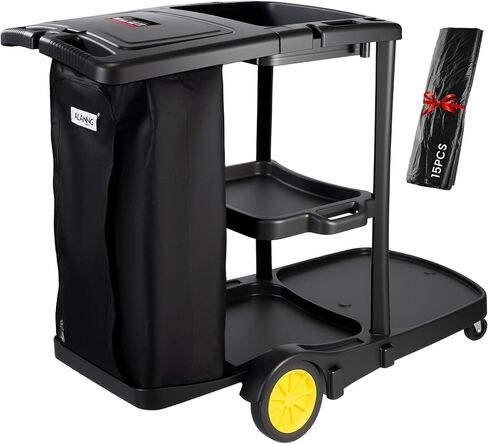 ALANNG Cleaning Cart for Housekeeping & Commercial Use, Janitorial Service Cart with 15 Disposable Trash Bags, Hotel Office School Cleaning Trolley (Black, 1 Pack) in Saudi Arabia